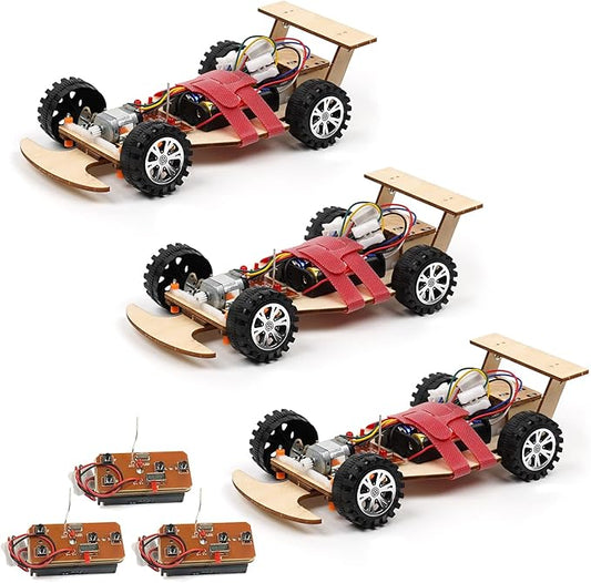 Wooden 2.4Ghz Wireless Remote Control Racing Car Kit F1 - Science Project for for Kids,Students,Education,School Model Car Kit to Build Experiment (3 Pack of Red)
