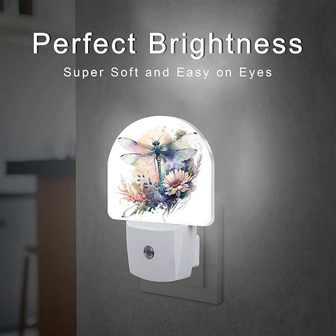 Watercolor Dragonfly Flowers Night Light, Vintage Insect Botanical Floral Leaves Dusk to Dawn Night Light Plug in,0.5w Energy Saving Sleep Friendly NightLight for Kids Boys Girls Home Decor