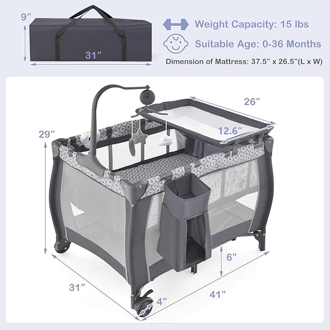 INFANS 3 in 1 Pack and Play, Portable Travel Baby Crib Bassinet with Detachable Mattress, Newborn Changing Table, Foldable Playpen with Carry Bag and 2 Wheels (Classic)