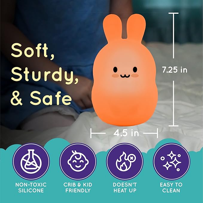 Lumipets Baxter The Bunny Squishy Night Light for Kids | Silicone Lamp with Tap & Remote Control | Rechargeable Color Changing Animal Night Light for Boys & Girls | Portable Nightlight with USB Cord