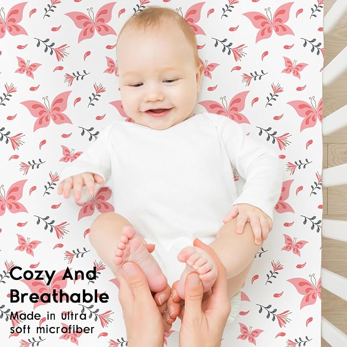 Yoofoss Baby Crib Sheets for Boys Girls, Fitted Crib Sheet 2 Pack for Standard Crib and Toddler Mattress, Super Soft Microfiber Baby Sheet 28x52x8in Pink + Butterflies