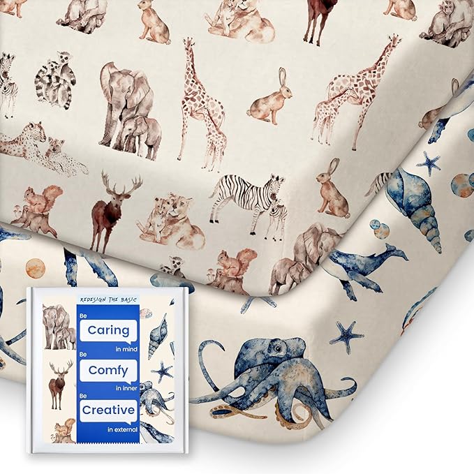 Graco Pack and Play Fitted Sheets - 2 Pack Mini Crib Sheets, Hypoallergenic and Soothing, Premium Jersey Fabric, Safari Sea Animals Pattern