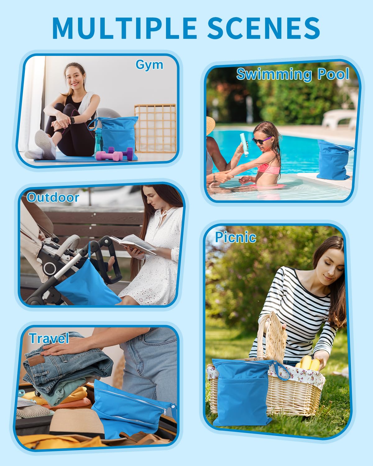 babygoal Wet Dry Bags 3 Pack for Baby Cloth Diapers, Washable Travel Bags, Beach, Pool, Gym Bag for Swimsuits & Wet Clothes with 2 Pockets 3LN10