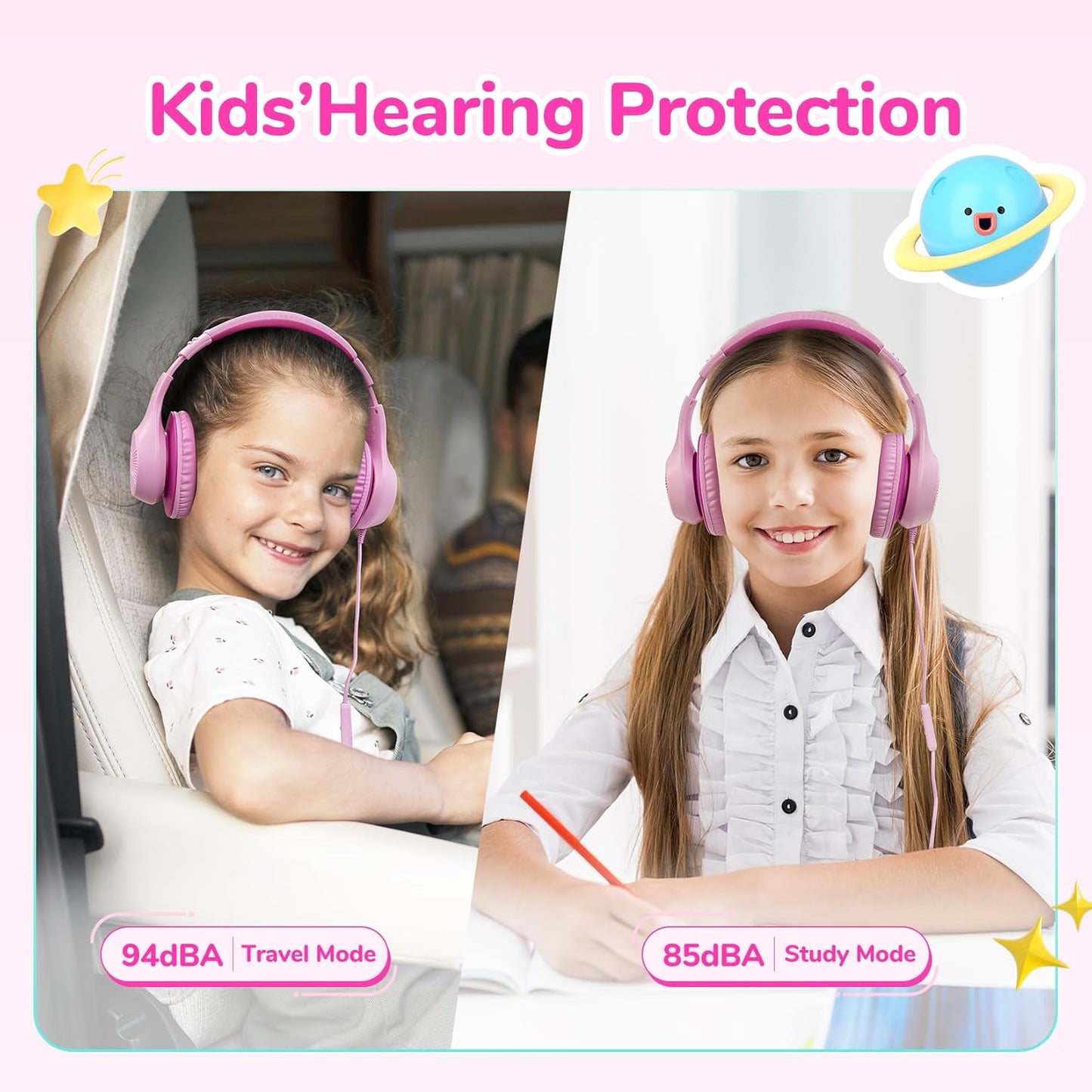 EarFun K3 Kids Headphones, Over Ear Headphones with Microphones, 85/94dB Safe Volume Limit, HD Stereo Sound, 3.5mm Jack, Foldable Wired Headphones for School/Travel/Boys/Girls/Tablet/iPad, Pink