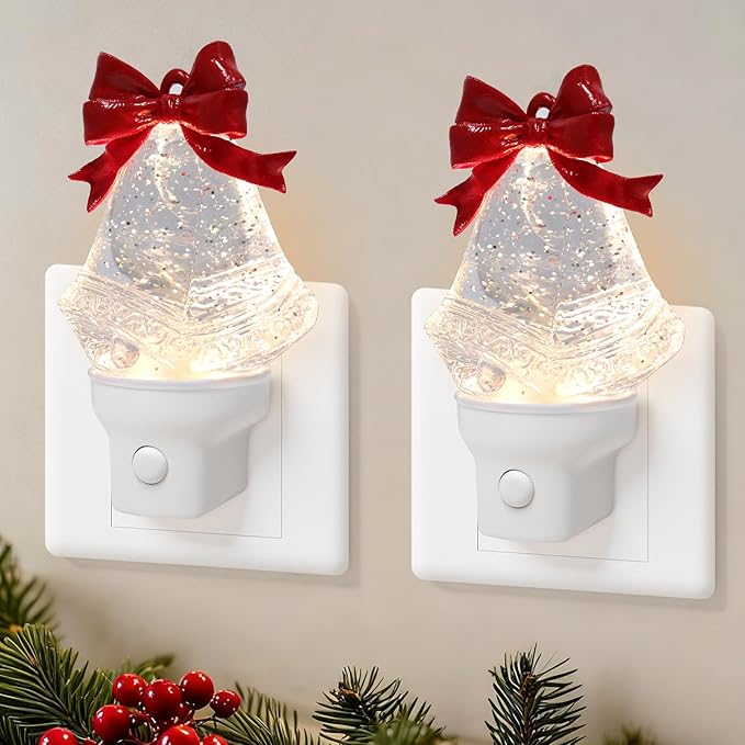 2 Pack Christmas Bell Night Light Plug into Wall Glitter Water Nightlight with USB/Outlet Options, Christmas Decorative Nightlight for Bedroom Kitchen Nursery Holiday Decorations Gifts (Bell)