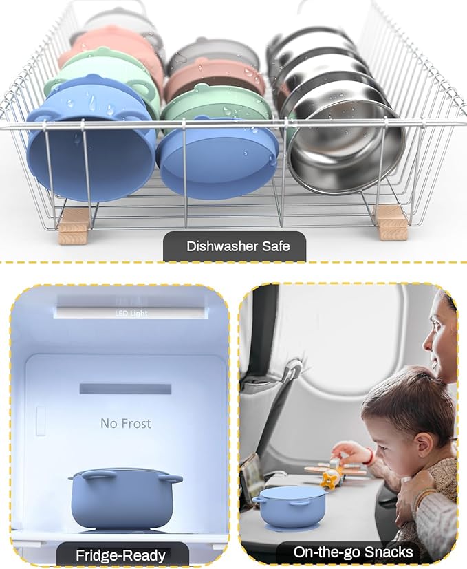 Baby Suction Bowls with Lids 4-Pack, 2-in-1 Stainless Steel 304 Toddler Bowl & Removable Silicone Suction Kids Bowl Plate Set Non Toxic Snack Dishes for Self-Feeding, Sunrise Meadow