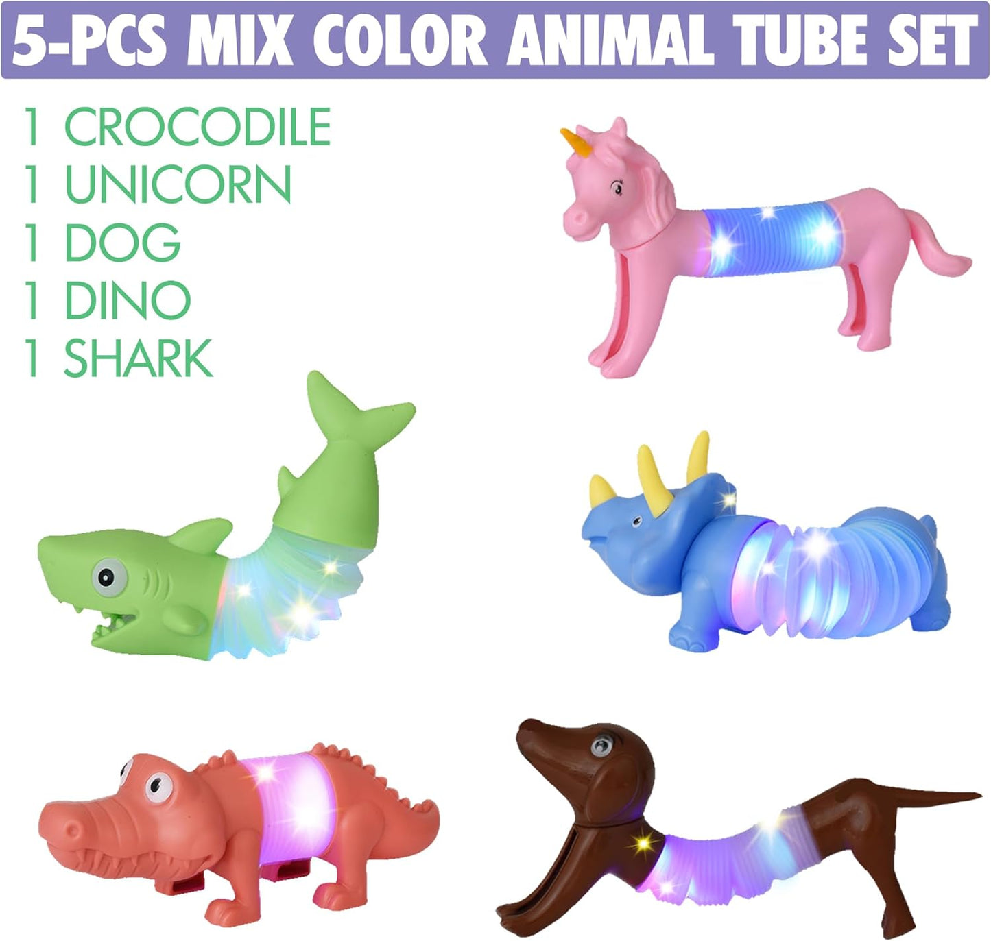 Boxgear 5-Pack LED Pop Tubes Mixed Animal Fidget Toys – Sensory Tubes for Toddlers – Cute Animal Sensory Fidget Toys for Girls and Boys – Stress-Relief Pop Sound Spring Toddler Sensory Toys