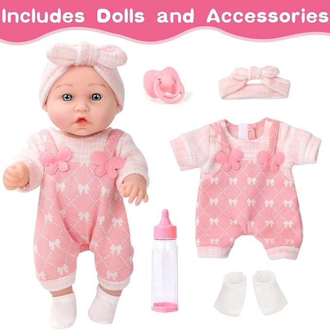 12" Baby Doll with Clothes and Accessories Set in Gift Box,12 Inch Baby Care Game Playset with Pacifier Feeding Bottle First Baby Dolls Toy Stuff Gift Idea for Toddler Girl Age 3+