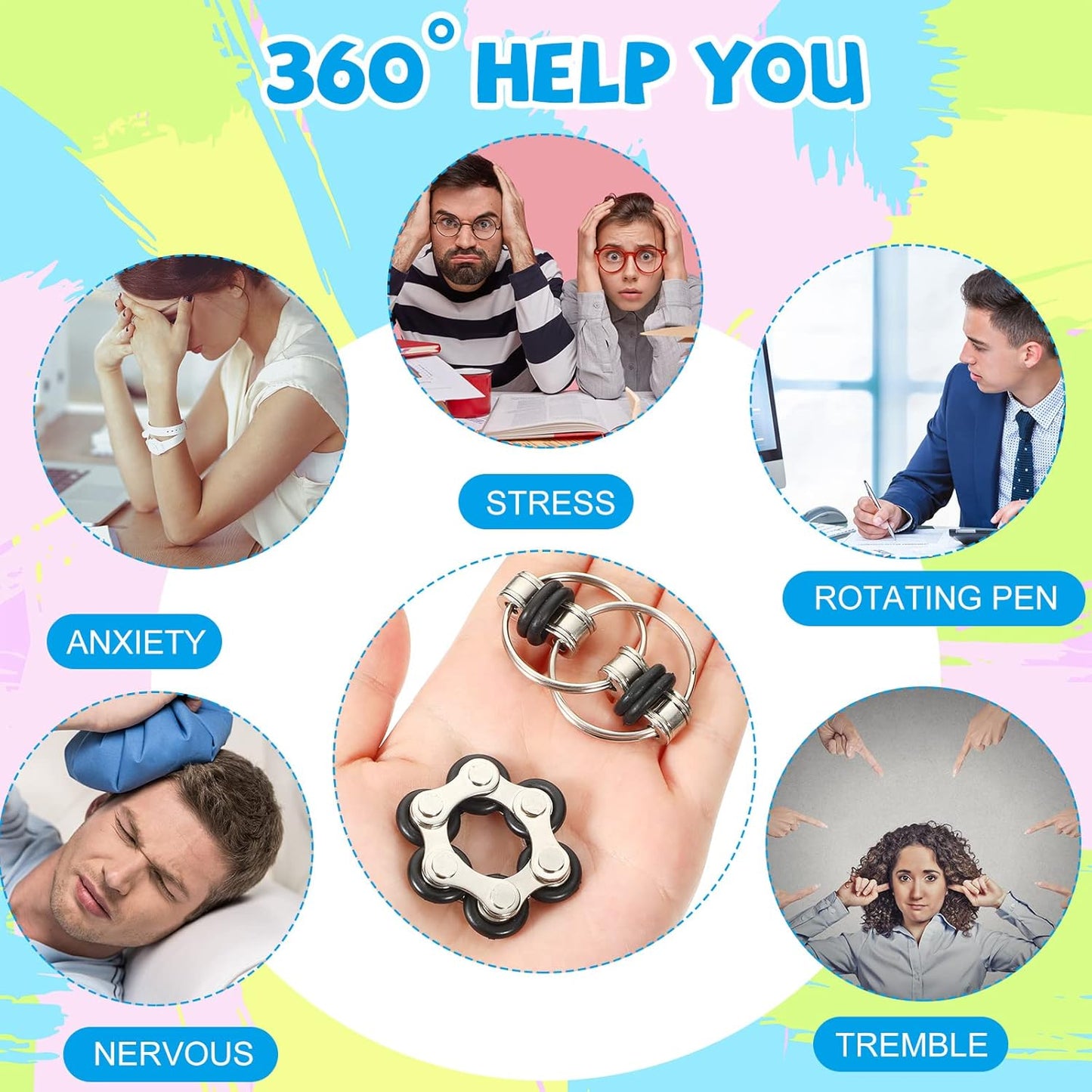 CHENGU 16 Pcs Fidget Toys Set Include 8 Six Roller Chain and 8 Key Flippy Chain Stress Reducer Bike Chain Toys Anxiety Relief Bike Chain for Teens Adults ADHD, Add, Autism (Black)