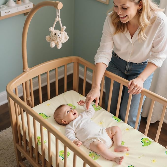 Baby Bassinet Sheets TPU Waterproof 2 Pack Soft Muslin Bedside Bassinet Mattress Sheets with Bottom Elastic Band for Baby Boy Girls Unisex Fit Hourglass Oval and Rectangle, Green Dinosaur