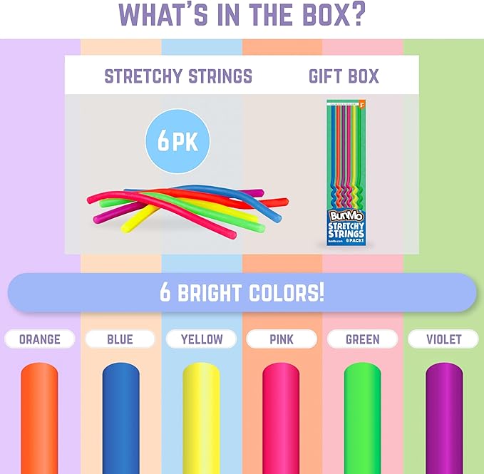 BUNMO Sensory Toys Stretchy Strings for Toddlers 3+ - Stimulating & Addictive Fidget Toys for Kids - Hours of Fun for Kids - Non-Mouthable Toy 3+ - Smooth 6 Pack