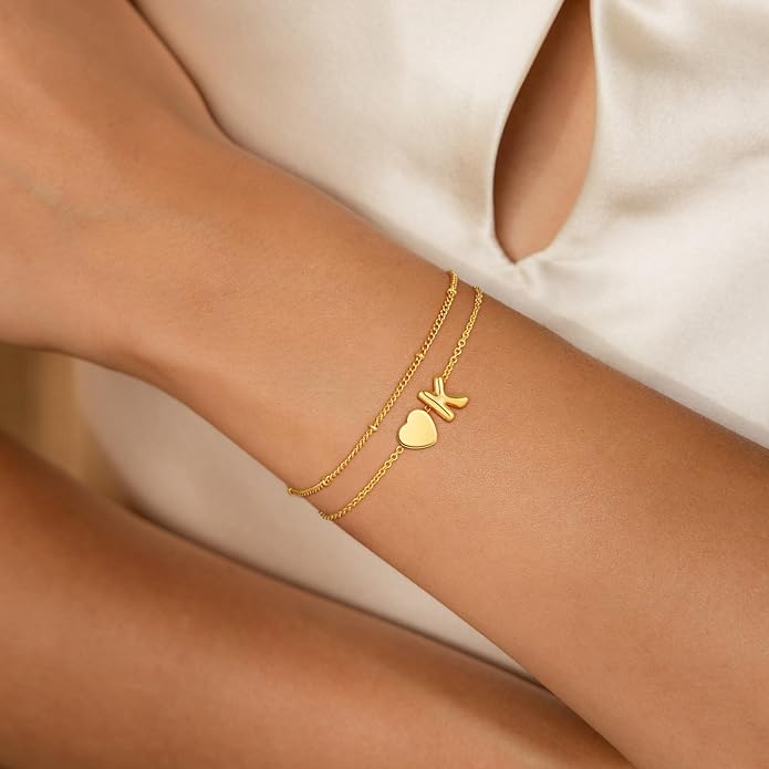 Heart Initial Bracelets for Women Girls - 18K Gold Plated A-Z Initial Bracelet Dainty Gold Bracelets for Women Teen Girl Gifts Trendy Stuff