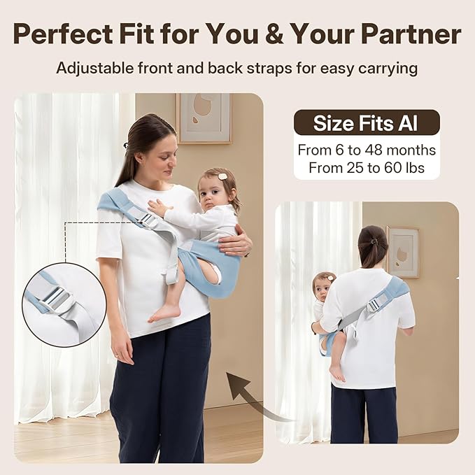 Toddler Carrier for 25-60 lbs,Comfortable&Lightweight Baby Sling Carrier,Adjustable with Left/Right Shoulder Straps,One Size Fits All,Ideal for Shopping and Travel-Blue