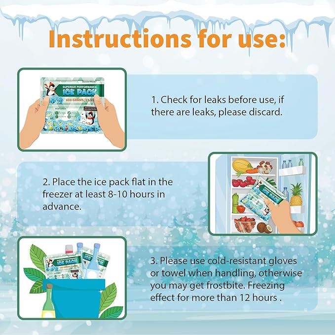 5 Packs Reusable Ice Packs for Lunch Boxes - 12+ Hour Cooling Ice Gel Pack for Camping, Beach, Office - Ice Packs for Cooler Bag, Cooler Backpacks