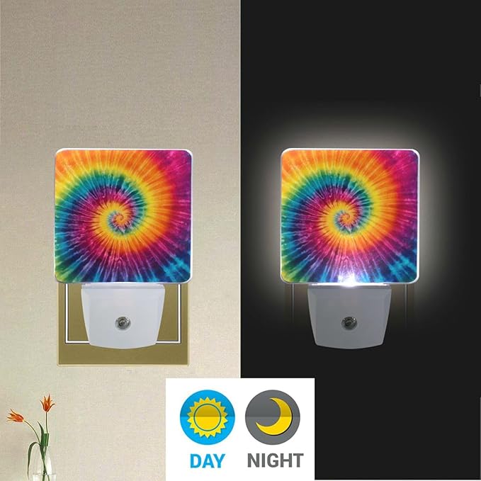 Aslsiy Night Light for Kids Bright Rainbow Spiral Tie Dye (2) Plug in Wall Lamp LED Dusk to Dawn Sensor Energy Saving Nightlight for Boys Girls Men Women
