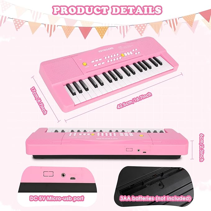 Toy Piano Keyboard for Kids Upgrade Electric Pianos Toys for 3 4 5 6 7 8 Year Old Girls Boys Beginners Keyboards with Microphone Toy for 3+ Year Old Kid Gifts (Pink)