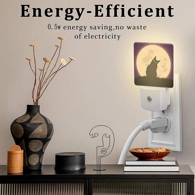 Halloween Spooky Black Cat Night Light Plug into Wall, Cat sit on Moon Dusk to Dawn Night Light,0.5w Energy Saving Sleep Friendly Nightlights for Kids Boys Girls Home Decor