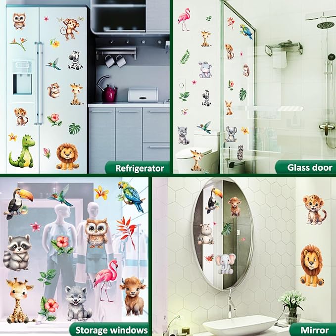 38 Animal Window Clings, Cute Elephant, Monkey, Bird Window Stickers, Perfect for Parties, Decorating Rooms, Living Rooms, Kitchens, bathrooms, refrigerators, Tile Stickers