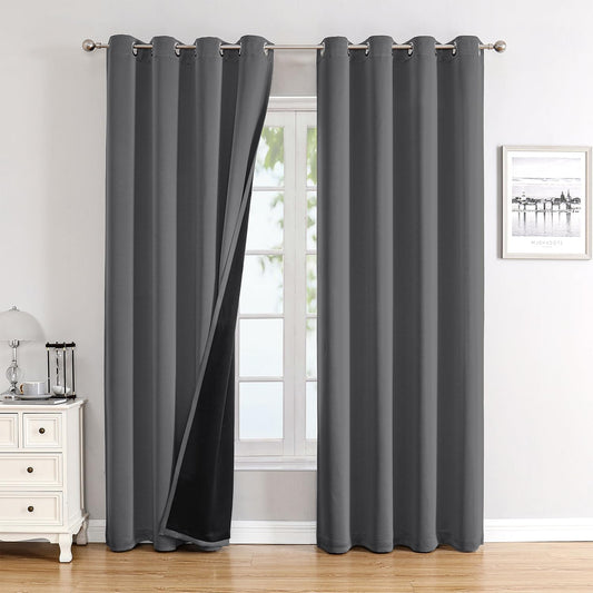 ChrisDowa 100% Blackout Curtains 108 inch Long for Bedroom with Black Liner, 2 Thick Layers Total Blackout Thermal Insulated Grommet Window Curtains 2 Panels Set (Grey, 52 x 108 Inch)