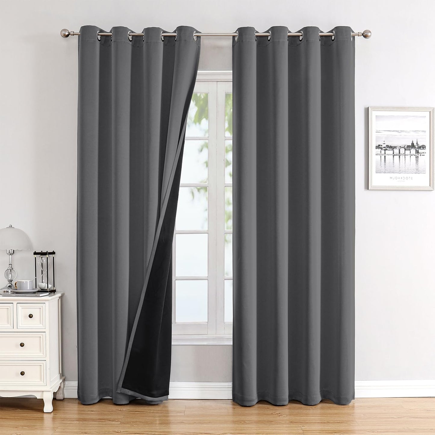 ChrisDowa 100% Blackout Curtains 102 inch Long for Bedroom with Black Liner, 2 Thick Layers Total Blackout Thermal Insulated Grommet Window Curtains 2 Panels Set (Grey, 52 x 102 Inch)