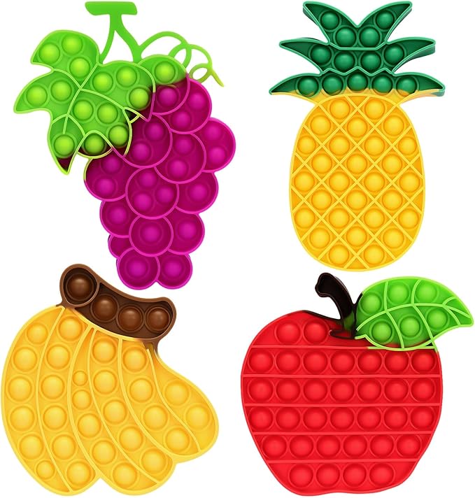 4 PCS Fidget Push Toy for Kids, Fruit Silicone Push Bubble Fidget Sensory Toys, Anxiety Relief Squeeze Toy for Kids Adults Classroom Party Favor - Apple, Banana, Grape, Pineapple