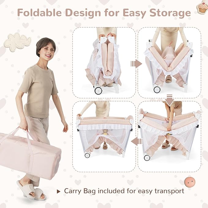 HONEY JOY 4-in-1 Pack and Play with Canopy, Portable Baby Playard w/Changing Table and Infant Bassinet Cute Toys & Music, Foldable Bassinet for Newborn and Toddler(Light Pink)