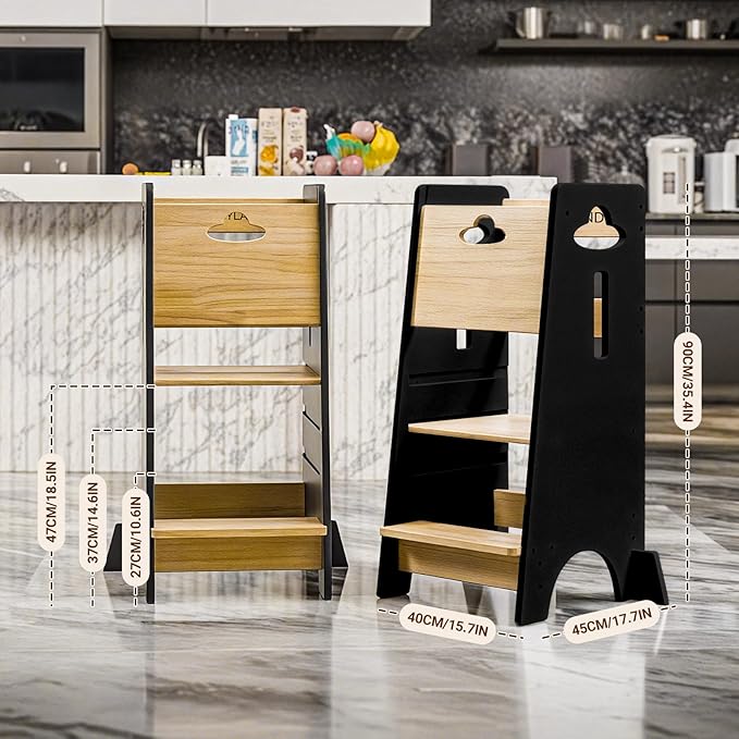 COSYLAND Toddler Standing Tower Adjustable Height - Super Stable Kids Kitchen Stool Helper - 3 Levels Adjustable Wooden Toddler Kitchen Stool (Natural & Black)