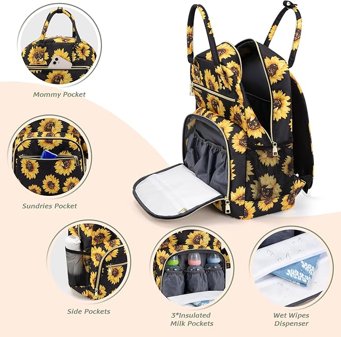 Diaper Bag Backpack,Baby Essentials Diapers Bag with Pacifier Case,Multipurpose Stylish Large Capacity Travel Backpack for Baby Girl/Boy(M-Sunflower)