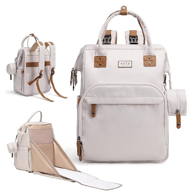 Diaper Bag Backpack, Multifunction Diaper Bag with Changing Station, Stylish Baby Bags, Large Unisex Diaper Backpack for Mom and Dad, Baby Registry Search, Portable Changing Pad – White Beige
