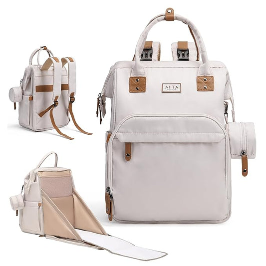 Diaper Bag Backpack, Multifunction Diaper Bag with Changing Station, Stylish Baby Bags, Large Unisex Diaper Backpack for Mom and Dad, Baby Registry Search, Portable Changing Pad – White Beige