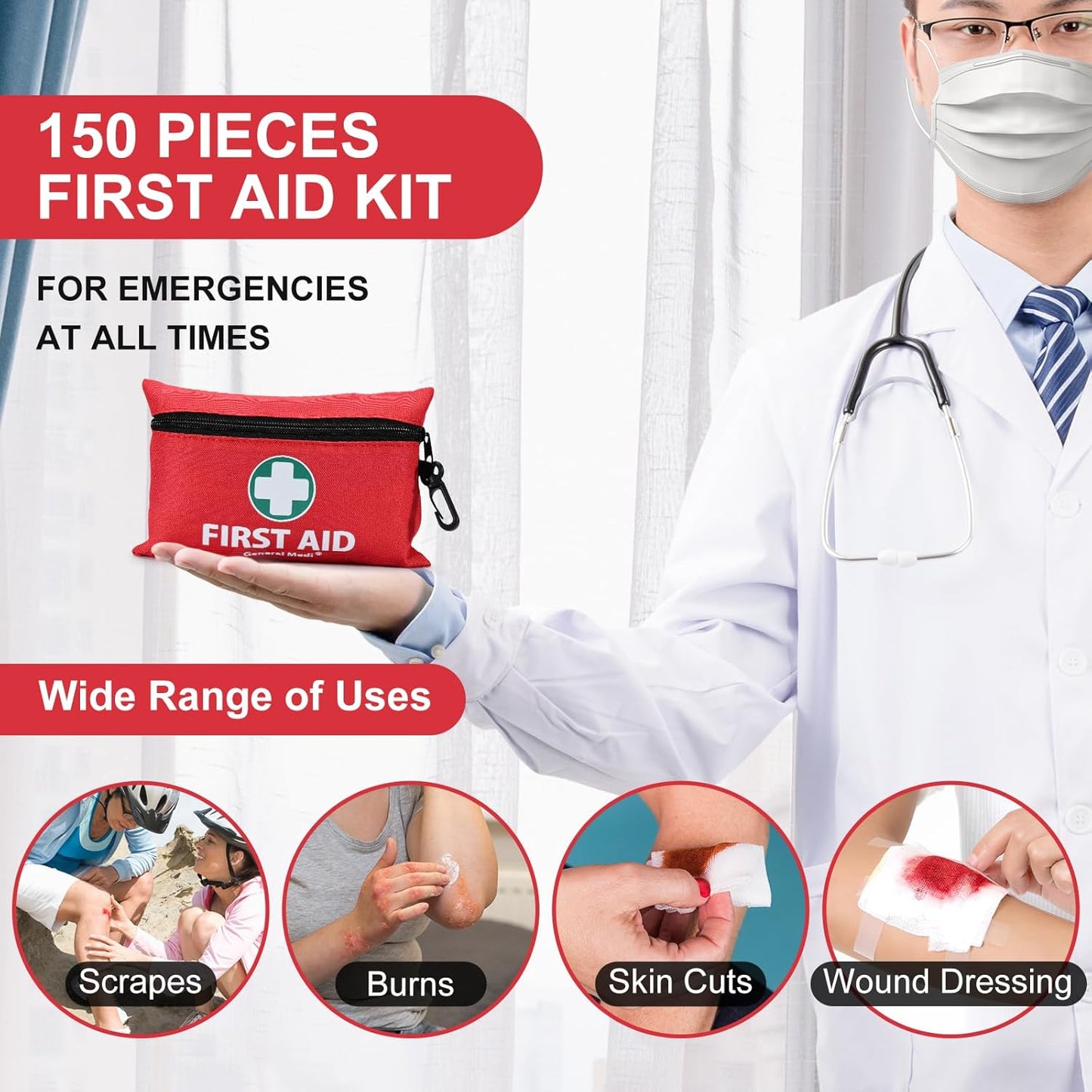 General Medi Mini First Aid Kit, 150 Piece Small First Aid Kit - Includes Emergency Foil Blanket, Scissors for Travel, Home, Office, Vehicle, Camping, Workplace & Outdoor (Red)