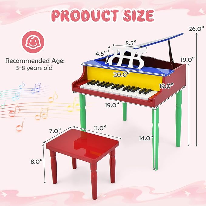 Goplus 30-Key Classical Kids Piano, Mini Grand Piano Wooden Learn-to-Play Musical Instrument Toy with Bench, Piano Lid, Music Rack, Gift for Boys Girls Aged 3+ Baby Toddler (4 Straight Leg-Colorful)
