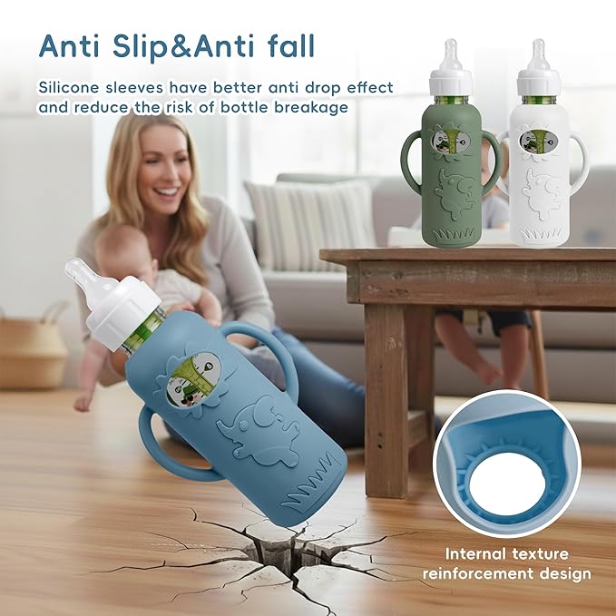 3-Pack Silicone Bottle Sleeve with Handles for Dr. Brown’s 8oz Narrow Glass Baby Bottles – BPA-Free, Heat-Resistant, Anti-Slip Grip, Easy to Clean, Multiple Colors (8oz,Dark Green + dark blue + white)