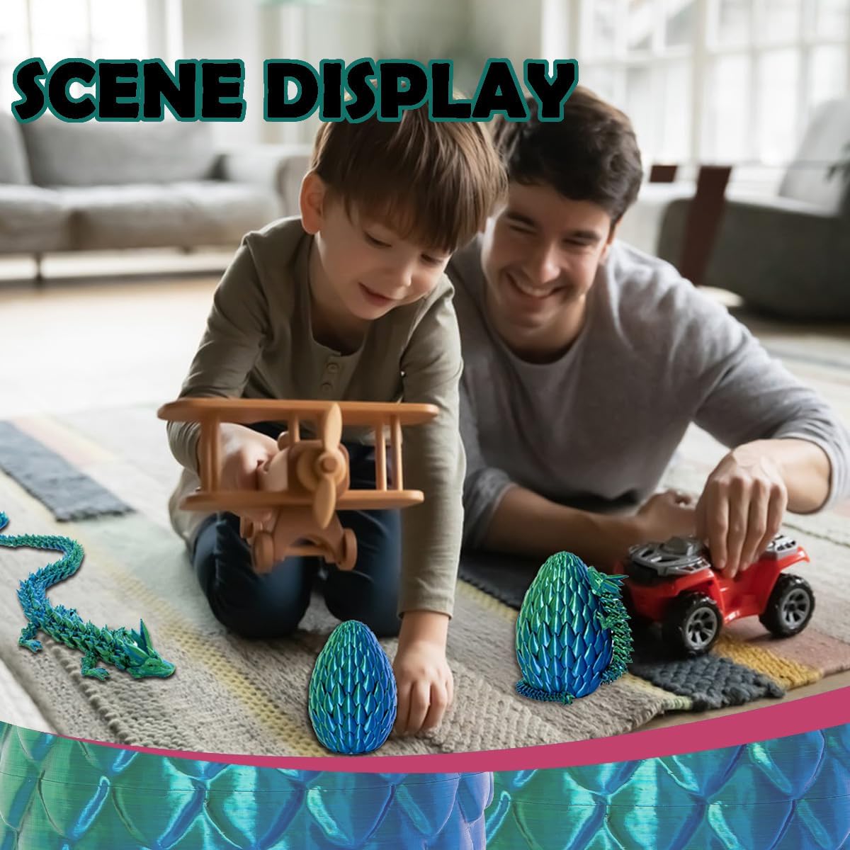 Dragon Eggs with Dragon Inside, 12In Laser Blue Green 3D Printed Dragon Egg Fidget Toy, Executive Desk Articulated Dragon Toy, Home Office Decor