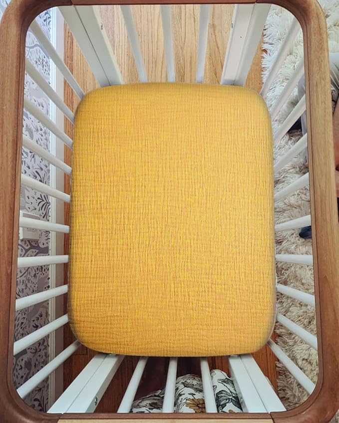 Pack and Play Sheets for Baby Boys and Girls 39"x27"x3", Neutral Muslin Cotton Pack N Play Mattresses Sheet with Boho Style, Soft and Breathable Comfort (Mustard Yellow)