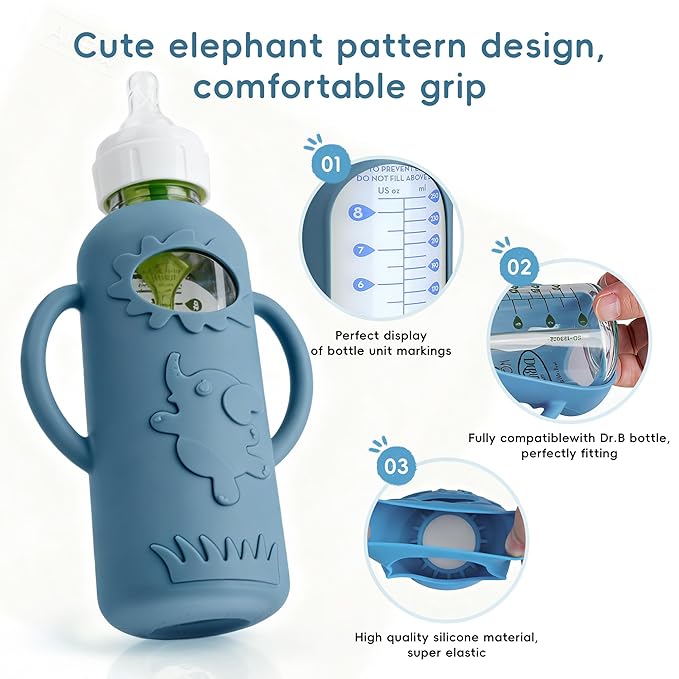 3-Pack Silicone Bottle Sleeve with Handles for Dr. Brown’s 8oz Narrow Glass Baby Bottles – BPA-Free, Heat-Resistant, Anti-Slip Grip, Easy to Clean, Multiple Colors (8oz,Dark Green + dark blue + white)