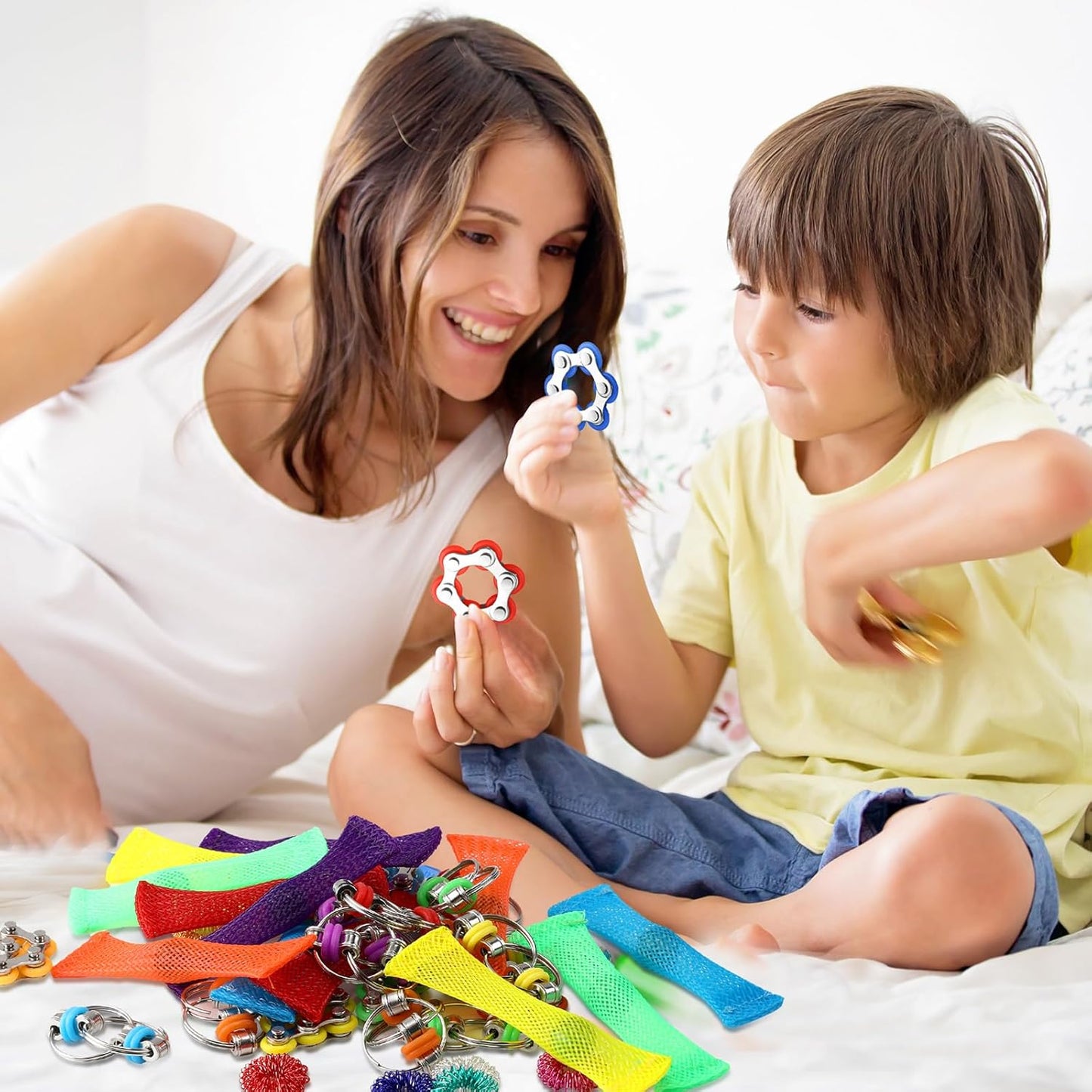 90 Pcs Sensory Fidget Toys Include 12 Sensory Rings 12 Flippy Roller Chain 12 Marble Mesh Fidget Toy 54 Anxiety Sensory Stickers for ADHD Autism Adults Teens Classroom Anxiety Stress Relief