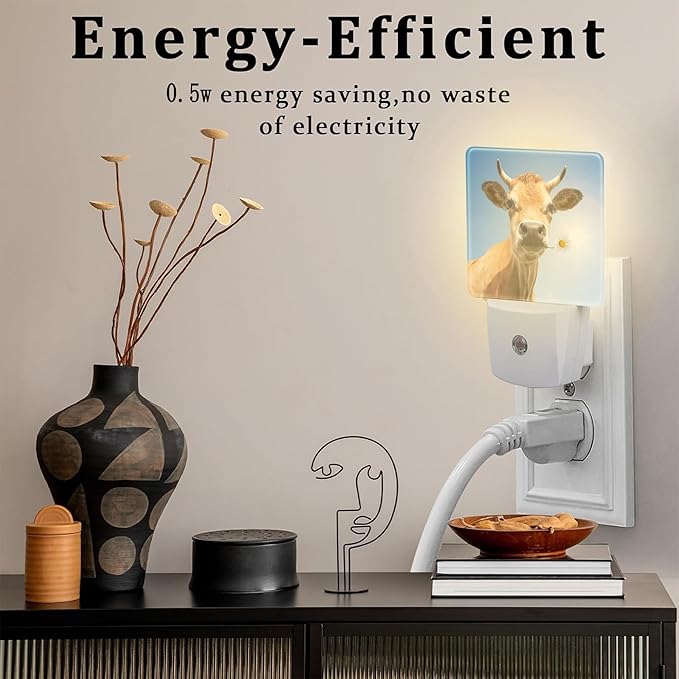 Cow Bite A Flower Night Light Plug into Wall, Cute Animal Floral Dusk to Dawn Night Light, 0.5w Energy Saving Sleep Friendly Nightlights for Kids Boys Girls Home Decor