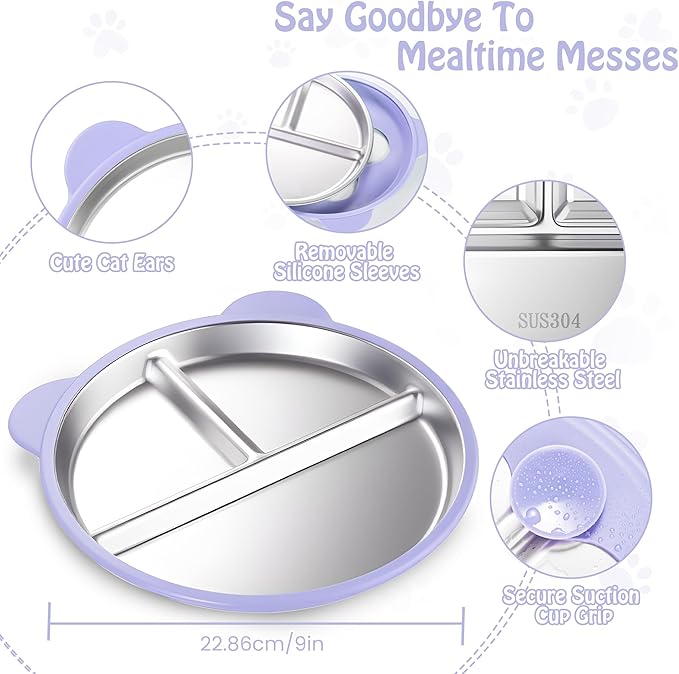 Stainless Steel Kids Plate with Suction 4 Pack, 9″ Toddler Divided Plates with Removable Non Slip Silicone Sleeves, BPA Free Baby Snack Dishes, Mint Green, Wisteria, Coral pink, Glaucous