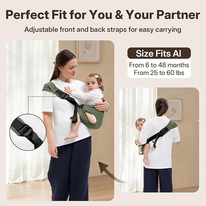 Toddler Carrier for 25-60 lbs,Comfortable&Lightweight Baby Sling Carrier,Adjustable with Left/Right Shoulder Straps,One Size Fits All,Ideal for Shopping and Travel-Green