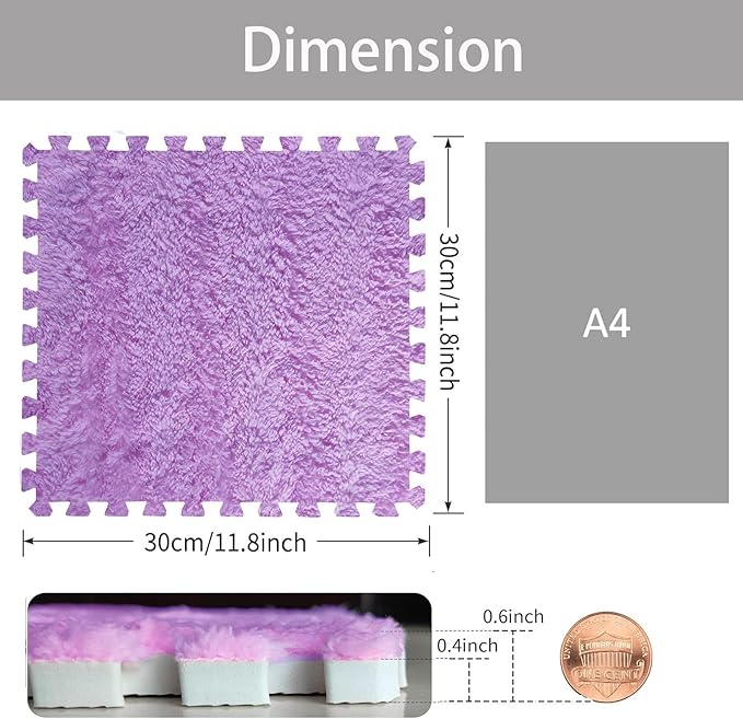 16pcs 0.6" Thickened Interlocking Tile Mats,Fluffy Shaggy Soft EVA Foam Area Rug for Living Room & Bedroom,Non-Slip Protective Floor Carpet Play Mat Kids Baby Dorm Home Decor (11.8ft, Purple)