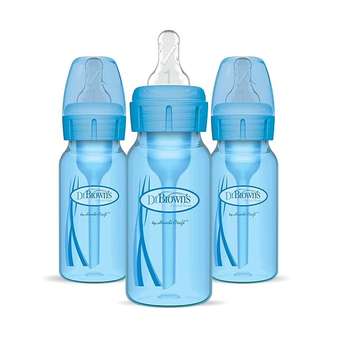 Dr. Brown's Natural Flow Anti-Colic Options+ Narrow Baby Bottles 4 oz/120 mL, with Level 1 Slow Flow Nipple, 3 Pack, 0m+ Blue