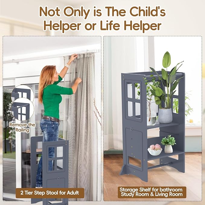 4 in 1 Toddler Kitchen Stool Helper, Adjustable Height Learning Standing Tower with Whiteboard, Toddler Step Stool 2 in 1 Convertible Table and Chair for Kids 1.5 to 6 Years Old