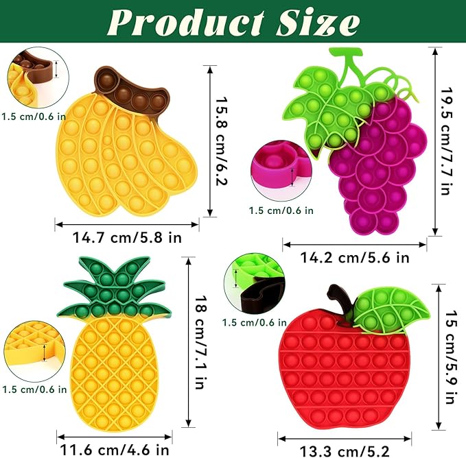 4 PCS Fidget Push Toy for Kids, Fruit Silicone Push Bubble Fidget Sensory Toys, Anxiety Relief Squeeze Toy for Kids Adults Classroom Party Favor - Apple, Banana, Grape, Pineapple
