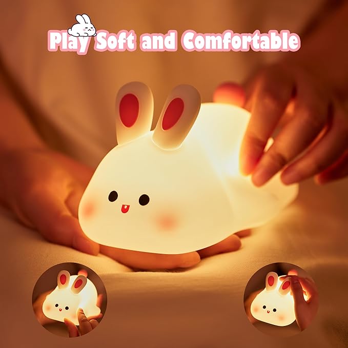 Bunny Lamp,Big Face Rabbit Night Light for Kids, Cute Easter Bunny Gifts, Kawaii Nursery Bedroom Decor, Rechargeable Silicone LED Squishy Night Light