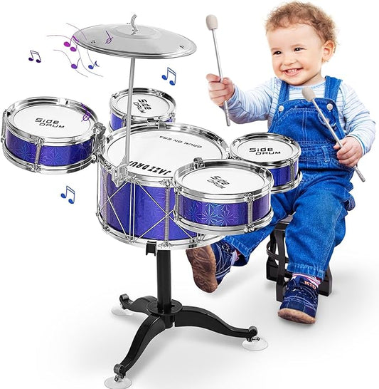 Tinylife Kids Drum Set, Jazz Drum Kit 5 Drums with Cymbals, Sticks, Throne for Toddlers Little Rockstar Toy for Baby Boys Girls Gifts (Navy)