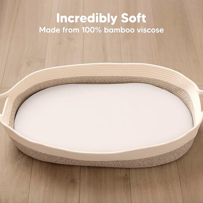 2-Pack Baby Bassinet Sheets Girl, Boy - 33x17 Viscose Derived from Bamboo Bedside Mattress Fitted Bassinet Sheets, Compatible with Halo Bassinest Swivel Sleeper, Baby Delight, Graco(Soft White)