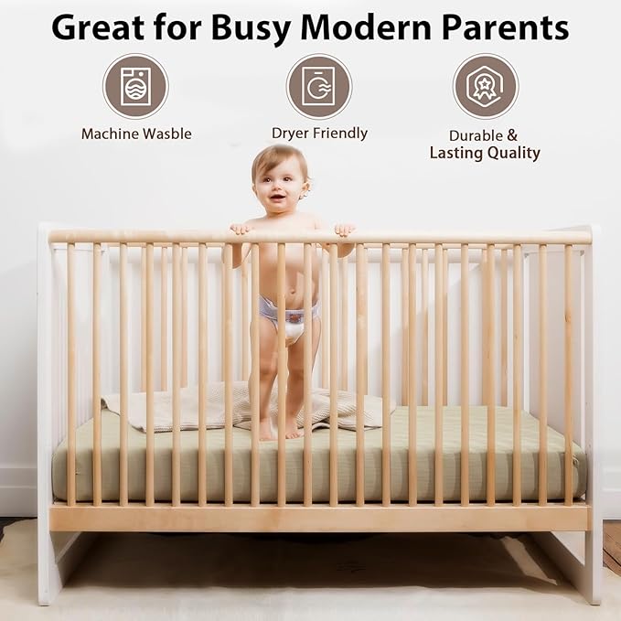 2 Pack Soft Muslin Baby Crib Sheets, 100% Cotton Breathable Double Layer Fitted Sheets for Standard Crib and Toddler Bed Mattresses 28x52 Inches, for Baby Girls and Boys (Cedar & Cream