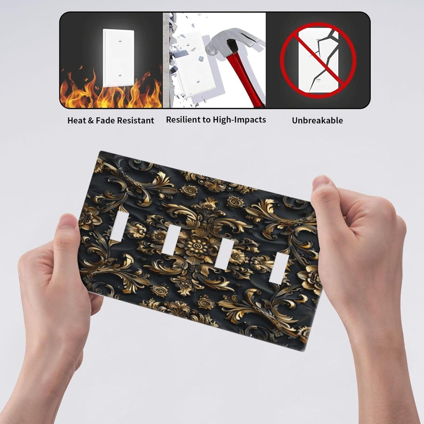 Decorative Switch Covers Plate Rococo Vintage Black Golden Leaf Morris Vine 4 Gang Artistic Wall Plate Unique Quad Toggle Light Switch Plate Jumbo Faceplate for Bedroom Home Decor