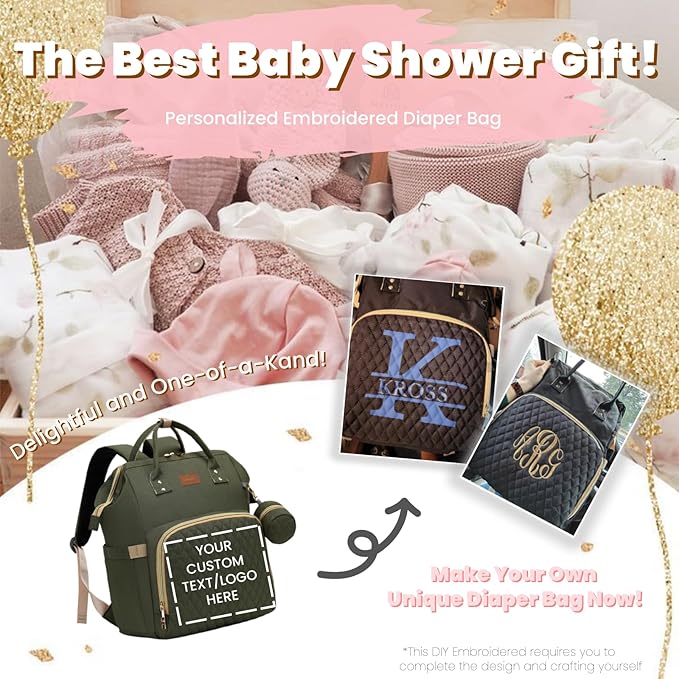 Diaper Bag Backpack with Changing Pad, Pacifier Case, Baby Bag for Boy Girl Toddler - Large, Stylish, Waterproof Travel Quilted Diaper Bag for Mom - Baby Shower - Army Green